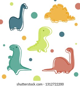 Hand drawn dinosuars on colorful abstract background, cute cartoon drawing for kids, children, boys and girls. Funny outline design for fabric, textile and others decoration.