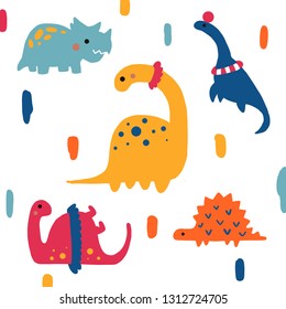 Hand drawn dinosuars on colorful abstract background, cute cartoon drawing for kids, children, boys and girls. Happy circus and funny party design for fabric, textile and others decoration.