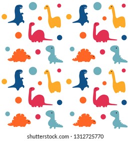 Hand drawn dinosuars seamless pattern on colorful abstract background, cute cartoon drawing for kids, children, boys and girls. Funny design for fabric, textile and others decoration.