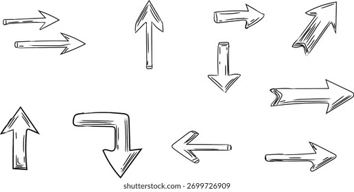 Hand drawn direction arrows in different styles conveying diverse paths and choices guidance and navigation symbols isolated on white background design elements for web and print
