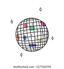 Estilo de doodle de bola disco dibujado a mano, ilustración vectorial aislada en fondo blanco. Decoración para fiesta, celebración y evento, elemento de diseño de contorno negro