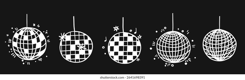 Hand drawn disco ball icon doodle in trendy style vector doodle icon mirror glittering globe with stars. Ideal for wedding, graduation party design nightlife templates