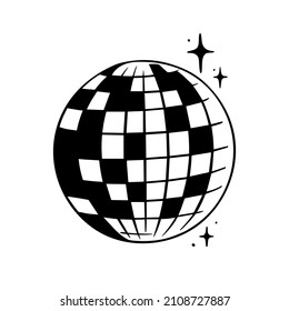 Hand drawn disco ball with reflections vector illustration. Club decoration element. Party sparkling sphere. Design for poster, card, sticker, logo.