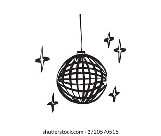 esboço de bola de disco desenhado à mão suspenso, traços de tinta arrojada e grão de pincel seco, rodeado por estrelas cintilantes e reflexões de luz, humor energético clube adequado para cartaz, folheto, marca