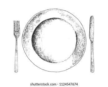 Hand drawn dish, fork and knife. 