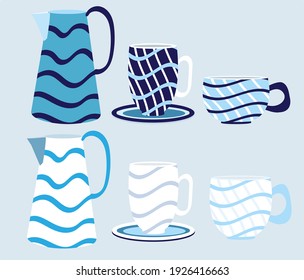 Hand drawn dishes : milk jug with a tea cup and a bowl in monochrome blue color, flat style design elements. Perfect for  textile, fabric, wallpapers, banners, menu