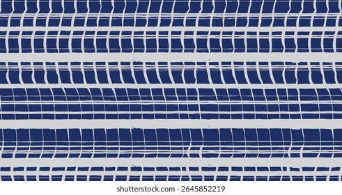 Desenhado à mão distorcido linhas de pincel abstrato afligido padrão xadrez em branco e azul, japonês e étnico artesanal interseção listras grade fundo, gráfico moderno simples para têxtil, tapete