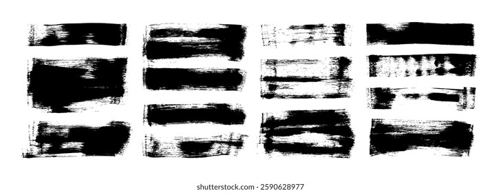 Hand drawn distress damaged edge brush strokes. Straight bold or thick lines with dry texture. Vector paint grunge horizontal lines collection. Vector black ink brush strokes, rectangles and banners.