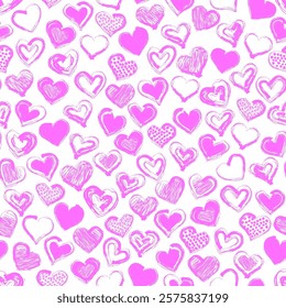 Hand drawn distressed hearts on white. Seamless background. Stock vector illustration for your design.