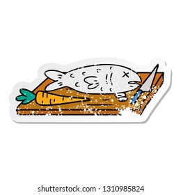 hand drawn distressed sticker cartoon doodle of a food chopping board