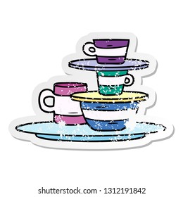 hand drawn distressed sticker cartoon doodle of colourful bowls and plates