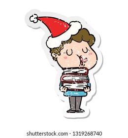 hand drawn distressed sticker cartoon of a man singing wearing santa hat
