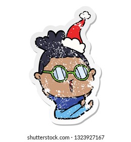 hand drawn distressed sticker cartoon of a woman wearing spectacles wearing santa hat