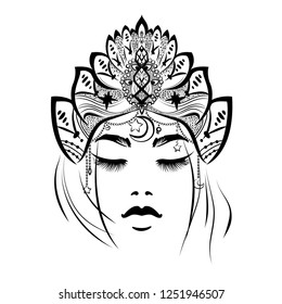 Hand drawn diva in crown, beautiful woman hairstyle, outline drawing, decorative headdress, tribal style, vector illustration.