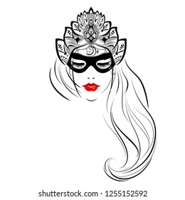 Hand drawn diva in crown, beautiful woman hairstyle, black mask, outline drawing, decorative headdress, tribal style, vector illustration.