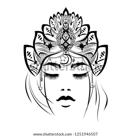 Hand drawn diva in crown, beautiful woman hairstyle, outline drawing, decorative headdress, tribal style, vector illustration.