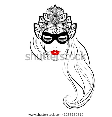 Hand drawn diva in crown, beautiful woman hairstyle, black mask, outline drawing, decorative headdress, tribal style, vector illustration.