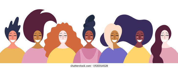 Hand drawn diverse faces of happy women. International Women's Day, card, poster, banner, background. Concept, element of feminism, power of a girl. Vector illustration on isolated background. 