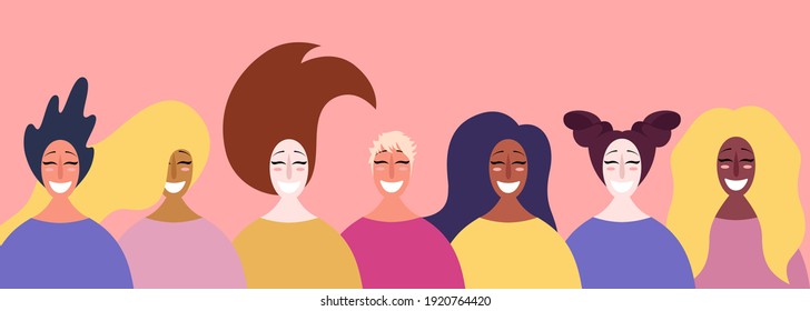 Hand drawn diverse faces of happy women. International Women's Day, card, poster, banner, background. Concept, element of feminism, power of a girl. Vector illustration on isolated background. 