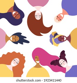 Hand drawn diverse faces of happy women. International Women's Day, card, poster, banner, background. Concept, element of feminism, power of a girl. Vector illustration on isolated background. 