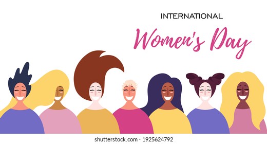 Hand drawn diverse faces of happy women. International Women's Day, card, poster, banner, background. Concept, element of feminism, power of a girl. Vector illustration on isolated background. 