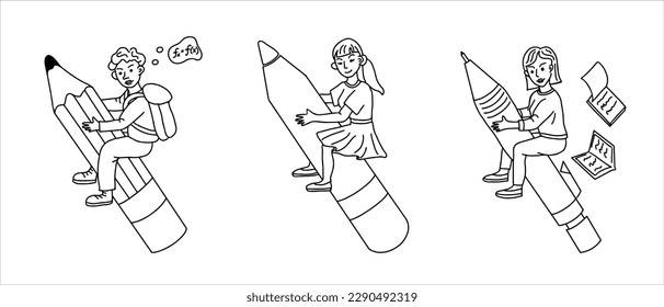 Hand drawn diverse students sitting on the standing ordinary, mechanical and stylus pencils. Vector outline isolated education concept. Can be used for coloring pages.