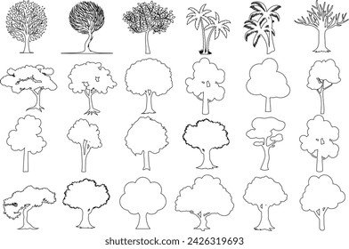  Hand drawn, diverse tree sketches collection. Perfect for nature, environment, educational content, design elements. Includes oak, pine, palm, willow, maple, birch, cedar, spruce, fir, elm, sycamore,