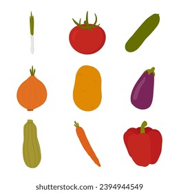 Hand drawn diverse vegetables collection. Isolated vector illustrations set in trendy flat design. Icons of tomato, onion, potato, green onion, carrot, bell pepper, zucchini, eggplant and cucumber.