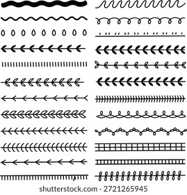 Divisor desenhado à mão e conjunto de bordas. Linhas ornamentais, rabiscos, louros florais, separadores de texto e floreios decorativos.