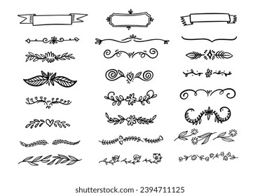 Hand drawn divider set. Black color line art style flat design vector art. Isolated on white background.