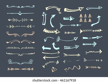 Hand drawn dividers, border and arrows. Vector decorative elements. Templates of symbols for use in design.