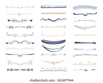 Hand drawn dividers and borders. Lines drawn with ink. Vector decorative elements. Templates of symbols for use in design.