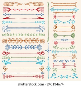 Hand drawn dividers design elements color set. Vector illustration.