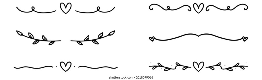 Hand drawn dividers set. Doodle dividers in black. Handwritten decoration vector. Hand-drawn frame with leaf and heart. Sketch style. Stock vector EPS 10.