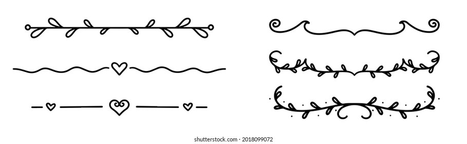 Divisores dibujados a mano. Diferencias de garabatos en negro. vector de decoración manuscrita. Marco dibujado a mano con hoja y corazón. Estilo de esbozo. EPS vectorial de serie 10.