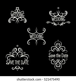 Hand drawn dividers set. Save the date. Vector illustration. Ornate elements design. Vintage and filigree border for wedding, christmas invitation, frame. Collection of swirls on black.