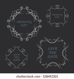 Hand drawn dividers set. Save the date, wedding. Vector illustration. Ornate elegance elements design.Vintage and filigree border for invitation, frame. Collection of swirls on black. Blue calligraphy