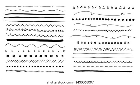 Hand drawn dividers set. Underline ink pen strokes, marker lines and doodle brushes collection
