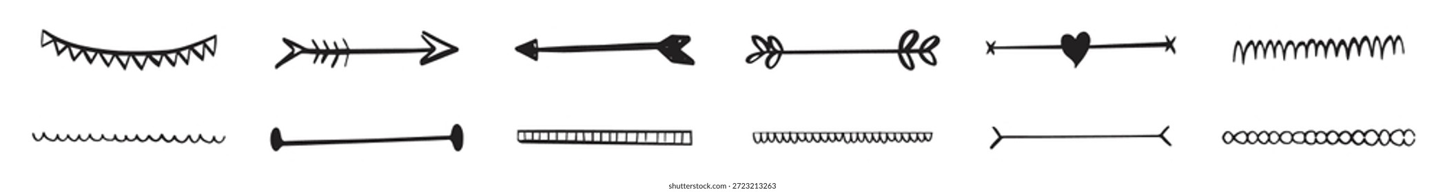 Divisores dibujados a mano Divisores de Vector dibujados a mano. Líneas, fronteras y laureles. Elementos de diseño Doodle. Ilustración vectorial.