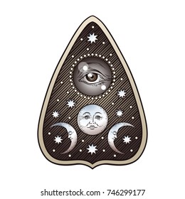 Hand drawn divination board oracle planchette isolated. Antique style boho chic sticker, tattoo or print design vector illustration