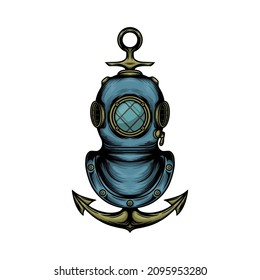 hand drawn diving with anchor vector illustration