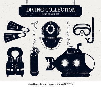 Hand drawn diving collection of elements. Scuba mask, helmet, oxygen cylinder, life jacket, bathyscaphe, and fins.