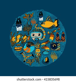Hand drawn Diving design in a circle with diving equipment and diver, fish, colorful coral, coral reef, waves. 