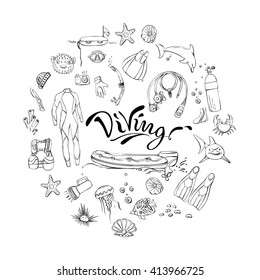 Hand drawn diving doodles arranged in circle with lettering Diving in a center.