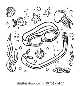 Hand drawn diving equipment set, fishes, seaweed, jellyfish, bubbles. Hand drawn black sketch. Sign cartoon symbol. Decoration element. White background. Isolated. Flat design. Vector illustration.