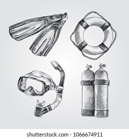 Hand Drawn Diving Equipment Sketch Set. Collection of mask for diving, Lifebuoy, flippers, air tank. Vector illustration of Diving Equipment in Trendy Style isolated on white background.