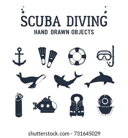 Hand drawn diving related textured vector illustrations set.