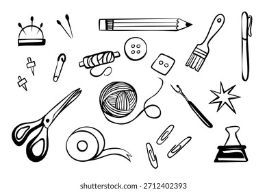 Conjunto de herramientas de bricolaje dibujado a mano ilustración con agujas, lápices, pinceles, Clips y accesorios de artesanía. Simple boceto de Vector negro.