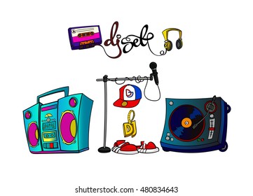 Hand drawn DJ music set with custom lettering, calligraphic font. Use it in your own flyers, booklets, posters or print it on t-shirts - stock vector