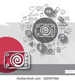 Hand drawn dj turntable icons with icons background. Vector illustration